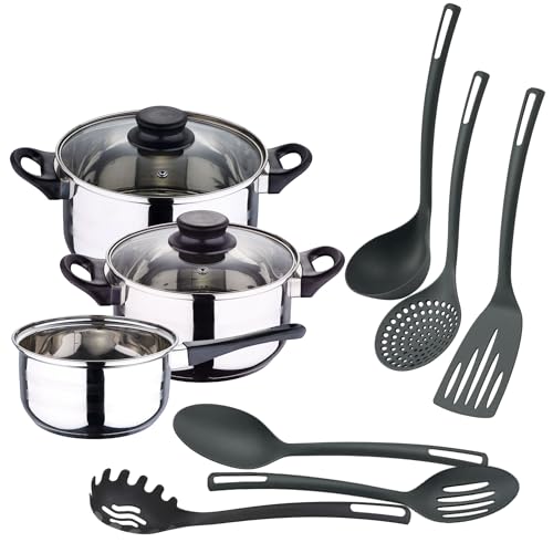 Well Home Kochgeschirr-Set, 5-teilig, Edelstahl + 6 grundlegende Küchenutensilien aus PBT Schwarz von WELL HOME MOBILIARIO & DECORACIÓN