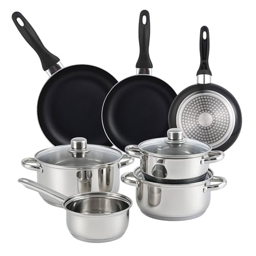 Well Home Kochgeschirr-Set, 7-teilig, Edelstahl + 3 Pfannen, Ø 16 x 20 x 24 cm, Schwarz, aus gepresstem Aluminium Well Home Kochgeschirr-Set, 7-teilig, Edelstahl + 3 Pfannen, Ø 16 x 20 x 24 cm, Schwarz, aus gepresstem Aluminium von WELL HOME MOBILIARIO & DECORACIÓN