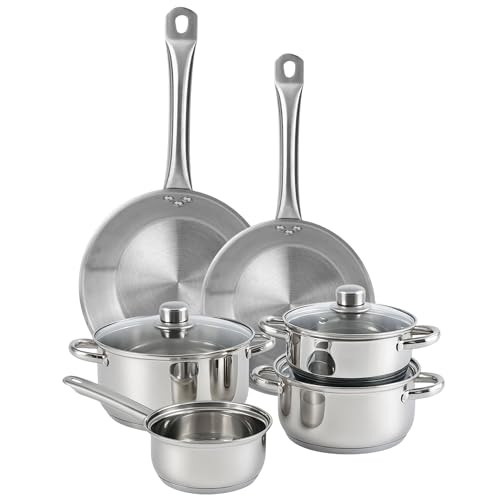 Well Home Kochgeschirr-Set, 7-teilig, aus Edelstahl, Ø 20 cm und Ø 24 x 5 cm, induktionsgeeignet, ohne Antihaftbeschichtung von WELL HOME MOBILIARIO & DECORACIÓN