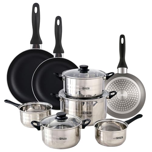 Well Home Kochgeschirr-Set, 8-teilig, Edelstahl + 3 Pfannen, Ø 16 x 20 x 24 cm, Grau, Metallic, aus gepresstem Aluminium von WELL HOME MOBILIARIO & DECORACIÓN