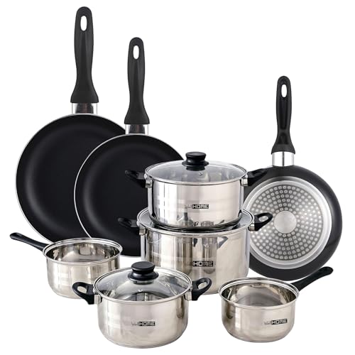 Well Home Kochgeschirr-Set, 8-teilig, Edelstahl + 3 Pfannen, Ø 16 x 20 x 24 cm, Schwarz, aus gepresstem Aluminium von WELL HOME MOBILIARIO & DECORACIÓN