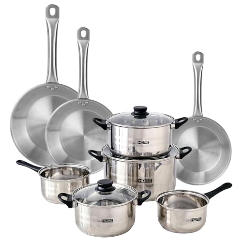 Well Home Kochgeschirr-Set, 8-teilig, aus Edelstahl, Ø 20 x 24 cm und Ø 28 x 5 cm, induktionsgeeignet, ohne Antihaftbeschichtung von WELL HOME MOBILIARIO & DECORACIÓN