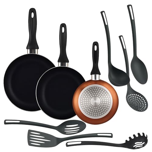 Well Home Set mit 3 Pfannen Ø16Ø20Ø24cm aus gepresstem Aluminium metallisches Bronze + 6 Küchenutensilien aus PBT Farbe Schwarz Well Home Set mit 3 Pfannen Ø16Ø20Ø24cm aus gepresstem Aluminium metallisches Bronze + 6 Küchenutensilien aus PBT Farbe Schwarz von WELL HOME MOBILIARIO & DECORACIÓN
