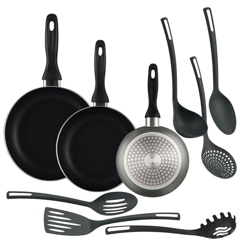 Well Home Set mit 3 Pfannen Ø16Ø20Ø24cm aus gepresstem Aluminium metallisches Grau + 6 Küchenutensilien aus PBT Farbe Schwarz Well Home Set mit 3 Pfannen Ø16Ø20Ø24cm aus gepresstem Aluminium metallisches Grau + 6 Küchenutensilien aus PBT Farbe Schwarz von WELL HOME MOBILIARIO & DECORACIÓN