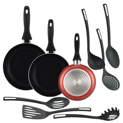 Well Home Set mit 3 Pfannen Ø16Ø20Ø24cm aus gepresstem Aluminium metallisches Kupfer + 6 Küchenutensilien aus PBT Farbe Schwarz von WELL HOME MOBILIARIO & DECORACIÓN