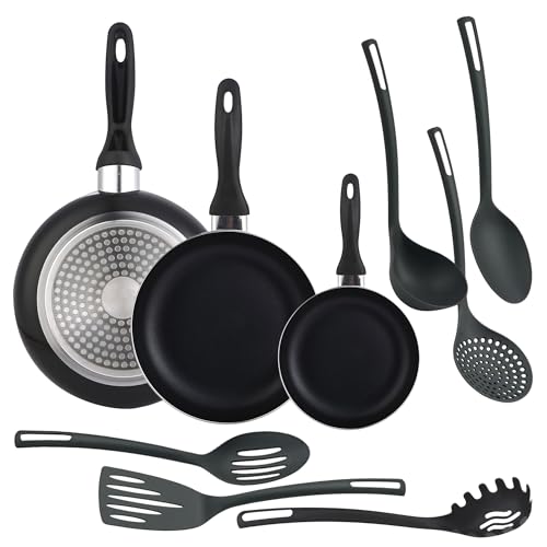 Well Home Set mit 3 Pfannen Ø16Ø20Ø24cm aus gepresstem Aluminium schwarz + 6 Küchenutensilien aus PBT Farbe Schwarz von WELL HOME MOBILIARIO & DECORACIÓN