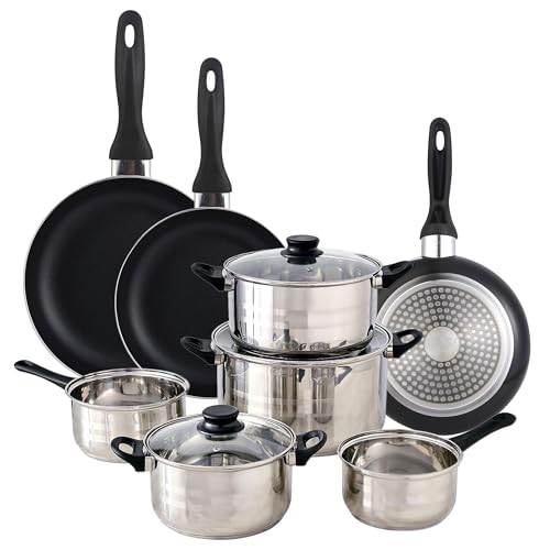 Well Home Set of 8pc Stainless Steel Cookware + 3 Frying Pans Ø16Ø20Ø24cm Black in Pressed Aluminium von WELL HOME MOBILIARIO & DECORACIÓN