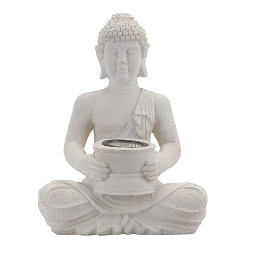 Well Home Solarleuchte Buddha aus Polystone Finish in reinem Weiß, 21 x 14 x 28 cm von WELL HOME MOBILIARIO & DECORACIÓN