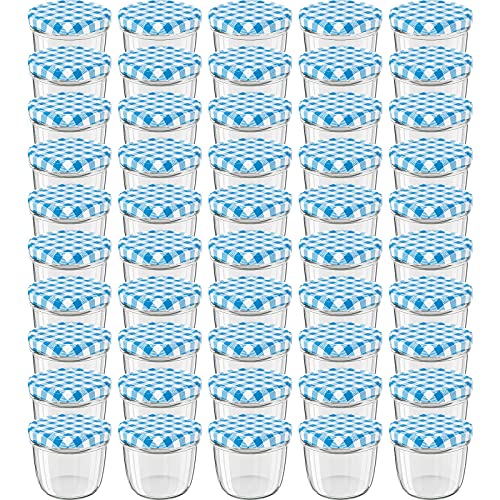 WELLGRO® Einmachgläser mit Schraubdeckel - 230 ml, 8,5 x 6,5 cm (ØxH), Glas/Metall, blau karierte Deckel To 82, Gläser Made in Germany, verschiedene Mengen wählbar, Stückzahl:50 Stück von WELLGRO
