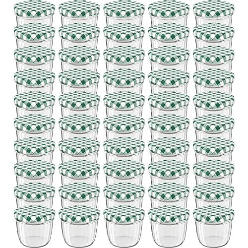 WELLGRO® Einmachgläser mit Schraubdeckel - 230 ml, 8,5 x 6,5 cm (ØxH), Glas/Metall, grün karierte Deckel To 82, Gläser Made in Germany, verschiedene Mengen wählbar, Stückzahl:50 Stück von WELLGRO