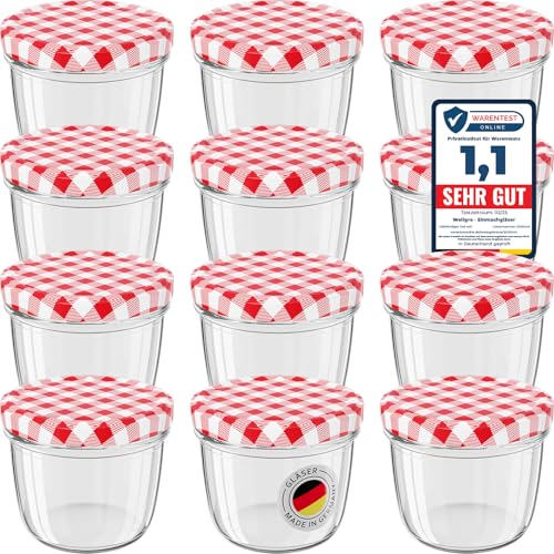 WELLGRO 12x Einmachgläser mit Schraubdeckel, 230 ml Einmachglas Klein, Marmeladengläser Rot Karierte, Kleine Gläser mit Deckel To 82, Einweckgläser Made in Germany, Schraubgläser Stückzahl: 12 Stück von WELLGRO