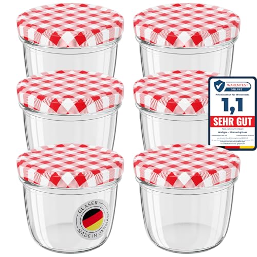 WELLGRO 6x Einmachgläser mit Schraubdeckel, 230 ml Einmachglas Klein, Marmeladengläser Rot Karierte, Kleine Gläser mit Deckel To 82, Einweckgläser Made in Germany, Schraubgläser Stückzahl: 6 Stück von WELLGRO