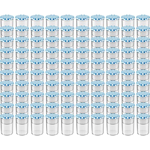 WELLGRO® Einmachgläser mit Schraubdeckel - 435 ml, 8,5 x 12 cm (ØxH), Glas/Metall, blau karierte Deckel To 82, Gläser Made in Germany, verschiedene Mengen wählbar, Stückzahl:100 Stück von WELLGRO