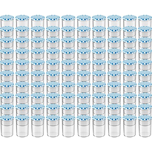 WELLGRO® Einmachgläser mit Schraubdeckel - 435 ml, 8,5 x 12 cm (ØxH), Glas/Metall, blau karierte Deckel To 82, Gläser Made in Germany, verschiedene Mengen wählbar, Stückzahl:100 Stück von WELLGRO