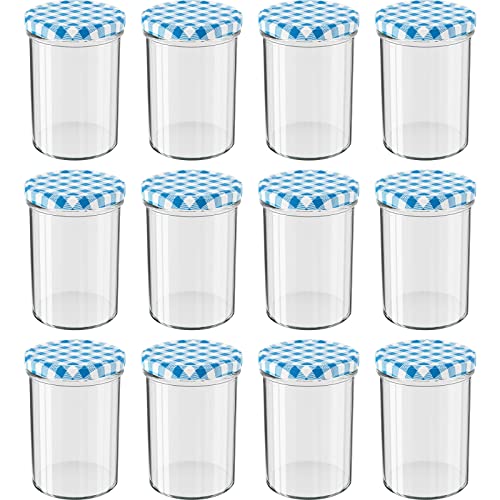 WELLGRO® Einmachgläser mit Schraubdeckel - 435 ml, 8,5 x 12 cm (ØxH), Glas/Metall, blau karierte Deckel To 82, Gläser Made in Germany, verschiedene Mengen wählbar, Stückzahl:12 Stück von WELLGRO