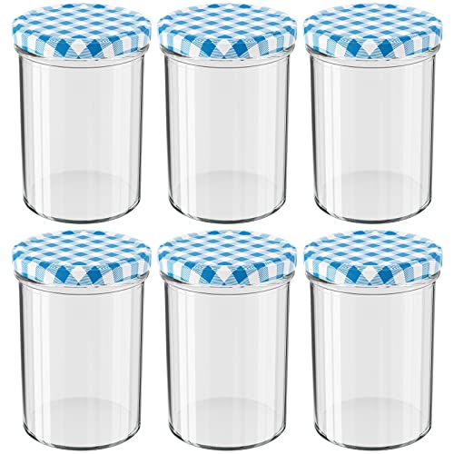 WELLGRO® Einmachgläser mit Schraubdeckel - 435 ml, 8,5 x 12 cm (ØxH), Glas/Metall, blau karierte Deckel To 82, Gläser Made in Germany, verschiedene Mengen wählbar, Stückzahl:6 Stück von WELLGRO