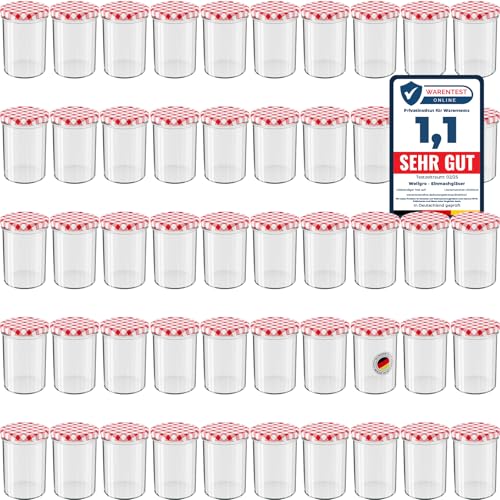 WELLGRO 50x Einmachgläser mit Schraubdeckel - 435 ml, 8,5 x 12 cm (ØxH), Glas/Metall, rot karierte Deckel To 82, Gläser Made in Germany, verschiedene Mengen wählbar, Stückzahl:50 Stück von WELLGRO