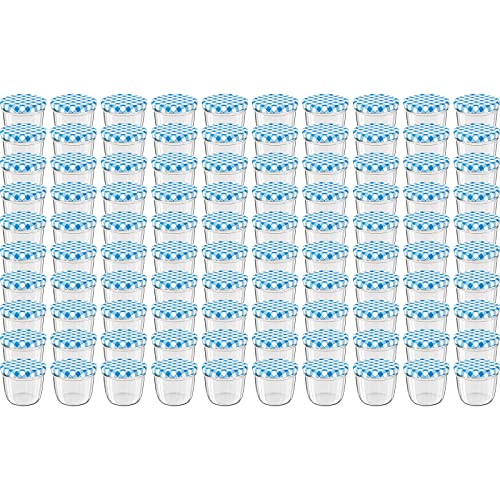 WELLGRO 100x Einmachgläser mit Schraubdeckel - 230 ml, 8,5 x 6,5 cm (ØxH), Glas/Metall, blau karierte Deckel To 82, Gläser Made in Germany, verschiedene Mengen wählbar, Stückzahl:100 Stück von WELLGRO