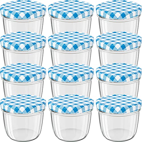 WELLGRO 12x Einmachgläser mit Schraubdeckel - 230 ml, 8,5 x 6,5 cm (ØxH), Glas/Metall, blau karierte Deckel To 82, Gläser Made in Germany, verschiedene Mengen wählbar, Stückzahl:12 Stück von WELLGRO