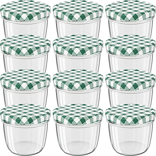 WELLGRO 12x Einmachgläser mit Schraubdeckel - 230 ml, 8,5 x 6,5 cm (ØxH), Glas/Metall, grün karierte Deckel To 82, Gläser Made in Germany, verschiedene Mengen wählbar, Stückzahl:12 Stück von WELLGRO