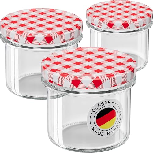 WELLGRO 12x Einmachgläser mit Schraubdeckel - 235ml - Deckel To 82 rot kariert - Made in Germany - Vorratsgläser mit Deckel, Gärglas, Dessertgläser von WELLGRO