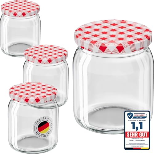 WELLGRO 12x Einmachgläser mit Schraubdeckel - 400ml - Deckel rot kariert To 82 - Made in Germany - Vorratsgläser mit Deckel, Gärglas, Dessertgläser von WELLGRO