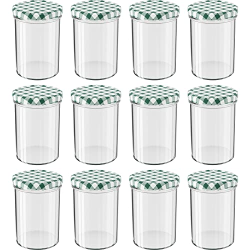 WELLGRO 12x Einmachgläser mit Schraubdeckel - 435 ml, 8,5 x 12 cm (ØxH), Glas/Metall, grün karierte Deckel To 82, Gläser Made in Germany, verschiedene Mengen wählbar, Stückzahl:12 Stück von WELLGRO