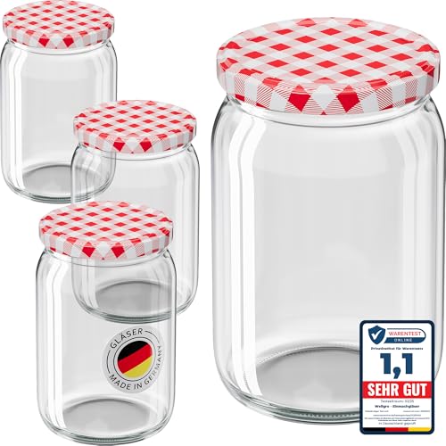 WELLGRO 12x Einmachgläser mit Schraubdeckel - 550ml - Deckel rot kariert To 82 - Made in Germany - Vorratsgläser mit Deckel, Gärglas, Dessertgläser von WELLGRO