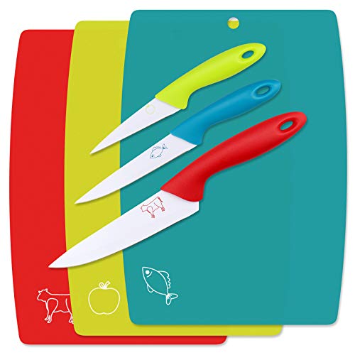 WELLGRO 3-tlg. Schneidebretter Set inkl. 3 Messer - blau, rot, grün - Kunststoff/Metall - antibakterielle Küchenbretter von WELLGRO