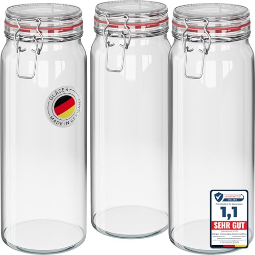 WELLGRO 3x Einmachgläser mit Bügelverschluss rund 2160ml, Fermentierglas, Vorratsgläser mit Deckel - Gläser mit Deckel Made in Germany von WELLGRO