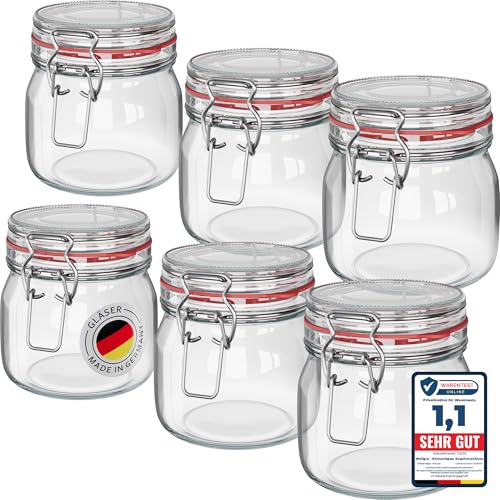 WELLGRO 6x Einmachgläser mit Bügelverschluss rund 634ml, Fermentierglas, Vorratsgläser mit Deckel - Gläser mit Deckel Made in Germany von WELLGRO