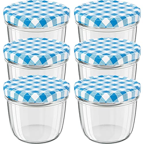 WELLGRO 6x Einmachgläser mit Schraubdeckel - 230 ml, 8,5 x 6,5 cm (ØxH), Glas/Metall, blau karierte Deckel To 82, Gläser Made in Germany, verschiedene Mengen wählbar, Stückzahl:6 Stück von WELLGRO