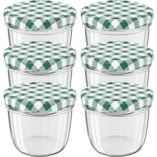 WELLGRO 6x Einmachgläser mit Schraubdeckel - 230 ml, 8,5 x 6,5 cm (ØxH), Glas/Metall, grün karierte Deckel To 82, Gläser Made in Germany, verschiedene Mengen wählbar, Stückzahl:6 Stück von WELLGRO