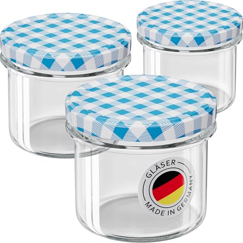 WELLGRO 6x Einmachgläser mit Schraubdeckel - 235ml - Deckel To 82 blau kariert - Made in Germany - Vorratsgläser mit Deckel, Gärglas, Dessertgläser von WELLGRO