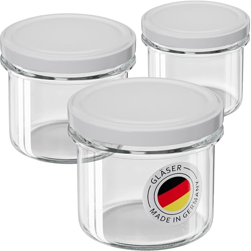 WELLGRO 6x Einmachgläser mit Schraubdeckel - 235ml - Deckel To 82 weiß - Made in Germany - Vorratsgläser mit Deckel, Gärglas, Dessertgläser von WELLGRO