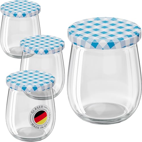 WELLGRO 6x Einmachgläser mit Schraubdeckel - 417ml - Deckel To 82 blau kariert - Made in Germany - Vorratsgläser mit Deckel, Gärglas, Dessertgläser von WELLGRO