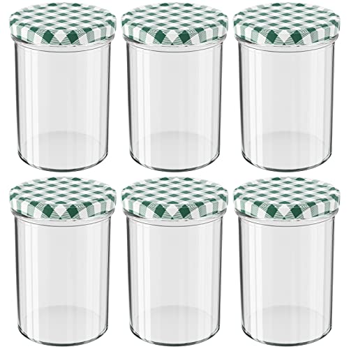 WELLGRO 6x Einmachgläser mit Schraubdeckel - 435 ml, 8,5 x 12 cm (ØxH), Glas/Metall, grün karierte Deckel To 82, Gläser Made in Germany, verschiedene Mengen wählbar, Stückzahl:6 Stück von WELLGRO