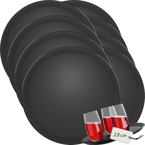 WELLGRO 8X Kellnertablett rutschfest Ø 28cm - Serviertablett Gastronomie, Gastro Tablett rund, Antirutsch Tablett schwarz, Restaurant, Servierplatten von WELLGRO