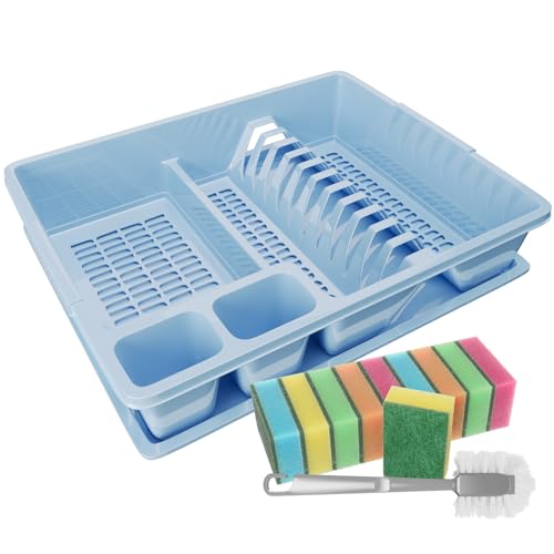 WELLGRO Abtropfgestell aus Kunststoff mit Reinigungsbürste und 10 Schwämmen - 44x35x9 cm (LxBxH) - Schale Geschirrkorb Abtropfkorb Abtropfgitter für Spüle Made in Europe, Farbe:Blau von WELLGRO