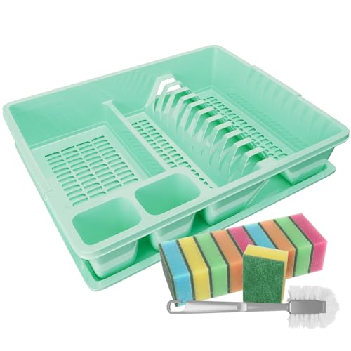 WELLGRO Abtropfgestell aus Kunststoff mit Reinigungsbürste und 10 Schwämmen - 44x35x9 cm (LxBxH) - Schale Geschirrkorb Abtropfkorb Abtropfgitter für Spüle Made in Europe, Farbe:Mint von WELLGRO