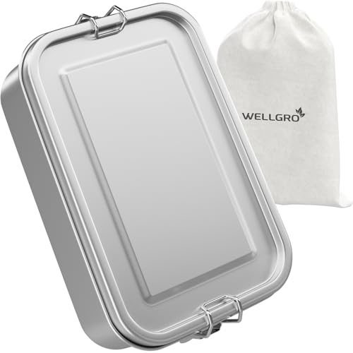 WELLGRO Edelstahl Dosen eckig - 550ml 850ml 1400ml 2400ml auslaufsicher Metall Brotdose Lunchbox, Kapazität:1400 ml von WELLGRO