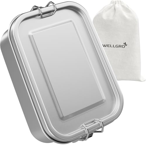 WELLGRO Edelstahl Dosen eckig - 550ml 850ml 1400ml 2400ml auslaufsicher Metall Brotdose Lunchbox, Kapazität:850 ml von WELLGRO