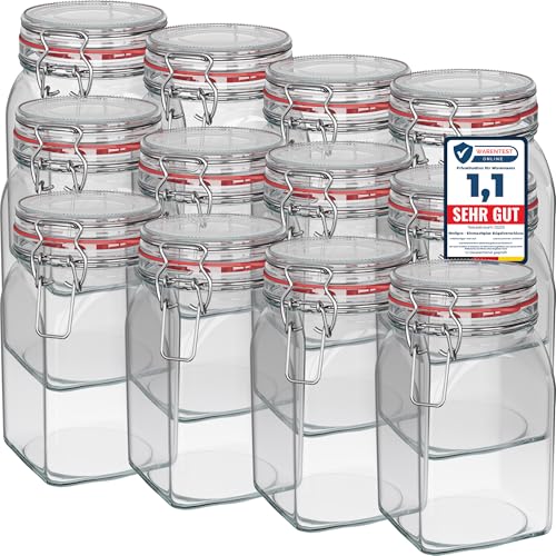 WELLGRO Einmachgläser mit Bügelverschluss eckig, Fermentierglas, Vorratsgläser mit Deckel, Bügelglas - Gläser mit Deckel Made in Germany (1150ml x 12 Stück) von WELLGRO