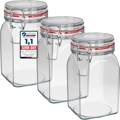 WELLGRO Einmachgläser mit Bügelverschluss eckig, Fermentierglas, Vorratsgläser mit Deckel, Bügelglas - Gläser mit Deckel Made in Germany (1150ml x 3 Stück) von WELLGRO