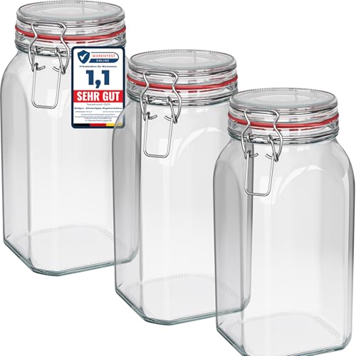 WELLGRO Einmachgläser mit Bügelverschluss eckig, Fermentierglas, Vorratsgläser mit Deckel, Bügelglas - Gläser mit Deckel Made in Germany (1540ml x 3 Stück) von WELLGRO