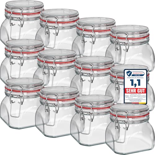 WELLGRO Einmachgläser mit Bügelverschluss eckig, Fermentierglas, Vorratsgläser mit Deckel, Bügelglas - Gläser mit Deckel Made in Germany (550ml x 12 Stück) von WELLGRO