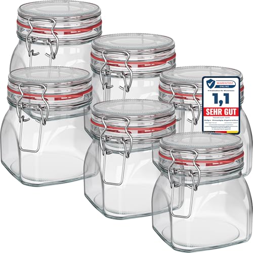 WELLGRO Einmachgläser mit Bügelverschluss eckig, Fermentierglas, Vorratsgläser mit Deckel, Bügelglas - Gläser mit Deckel Made in Germany (630ml x 6 Stück) von WELLGRO