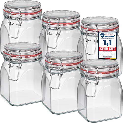 WELLGRO Einmachgläser mit Bügelverschluss eckig, Fermentierglas, Vorratsgläser mit Deckel, Bügelglas - Gläser mit Deckel Made in Germany (900ml x 6 Stück) von WELLGRO