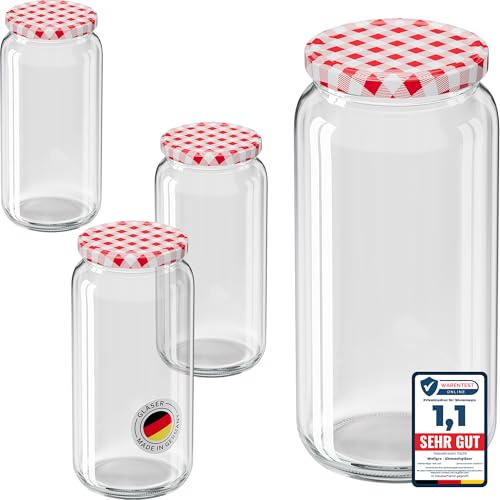 WELLGRO Einmachgläser mit Schraubdeckel TO 82 – rot kariert - Made in Germany - Luftdichte Rundgläser ideal zum Einkochen und Aufbewahren (1045ml x 6 Stück) von WELLGRO