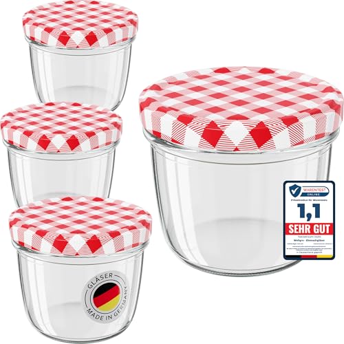 WELLGRO Einmachgläser mit Schraubdeckel TO 82 – rot kariert - Made in Germany - Luftdichte Rundgläser ideal zum Einkochen und Aufbewahren (230ml x 24 Stück) von WELLGRO